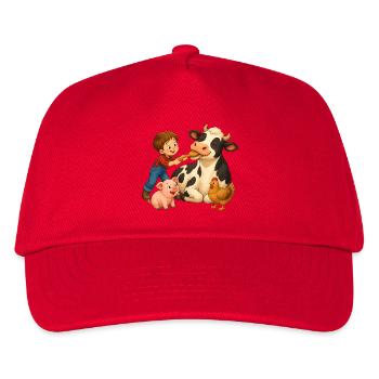 Junge bürstet Kuh auf dem fröhlichen Bauernhof - Kinder Basecap - Rot - Vorne