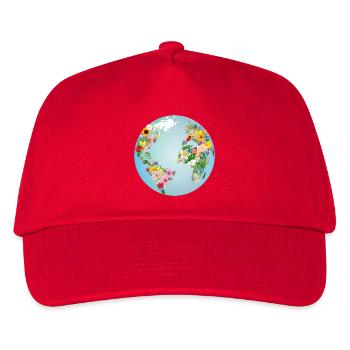 light blue globe with continents made of flowers - Kids’ Baseball Cap - red - Front