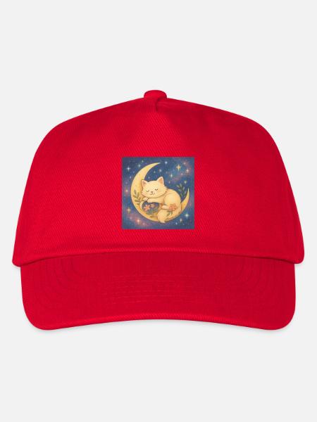 Schlafende Katze auf Mond in Sternenhimmel - Kinder Basecap - Rot