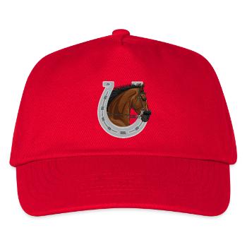 Der Kopf eines braunen Pferdes und eines Hufeisens - Kinder Basecap - Rot - Vorne