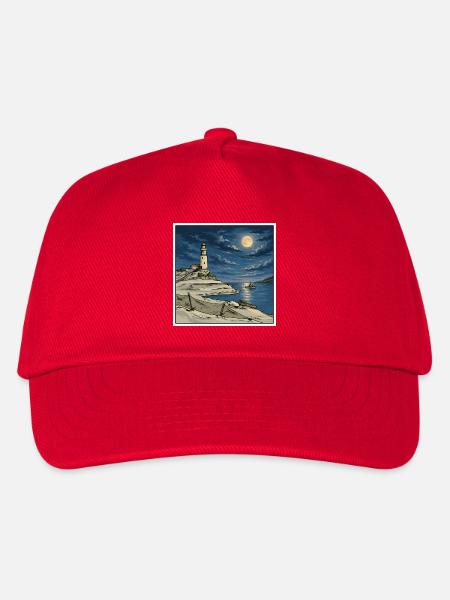Moonlit Lighthouse Küsten-Retro-Illustration - Kinder Basecap - Rot