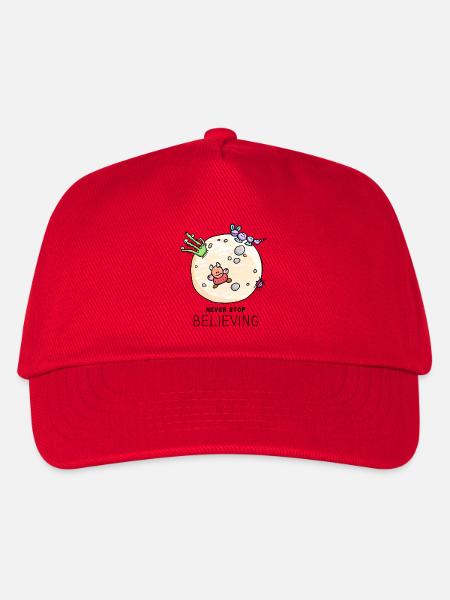 "Never Stop Believing" positiver Spruch mit Aliens - Kinder Basecap - Rot