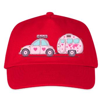 Car with caravan and suitcase in pink heart - Kids’ Baseball Cap - red - Front