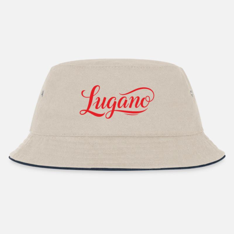 Lugano in Elegante Rotschrift mit Schwung - Kinder Bucket Hat - Natur/Navy