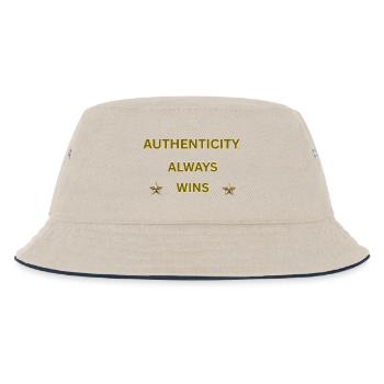 AUTHENTIZITÄT GEWINNT IMMER – Goldenes Motivationszitat - Kinder Bucket Hat - Natur/Navy - Vorne