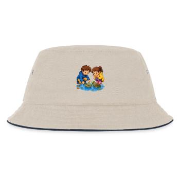 Children's Turtle Leaf Boat in Puddle Cute Motif - Kids’ Bucket Hat - ecru/navy - Front