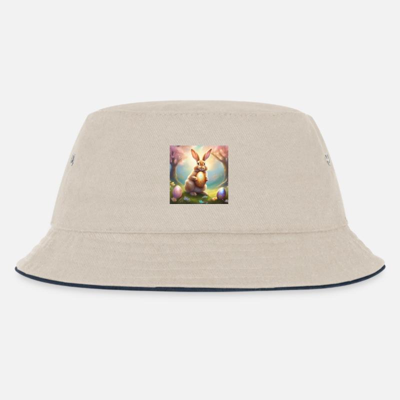 Spring bunny with gold Easter egg - Kids’ Bucket Hat - ecru/navy