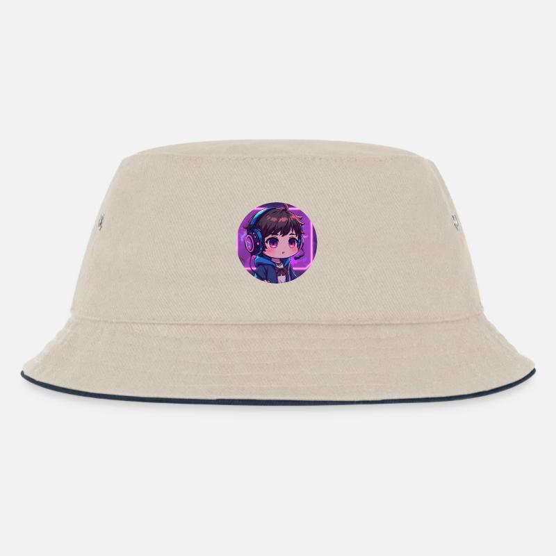 Neon Gaming Chibi mit Kopfhörern - Kinder Bucket Hat - Natur/Navy