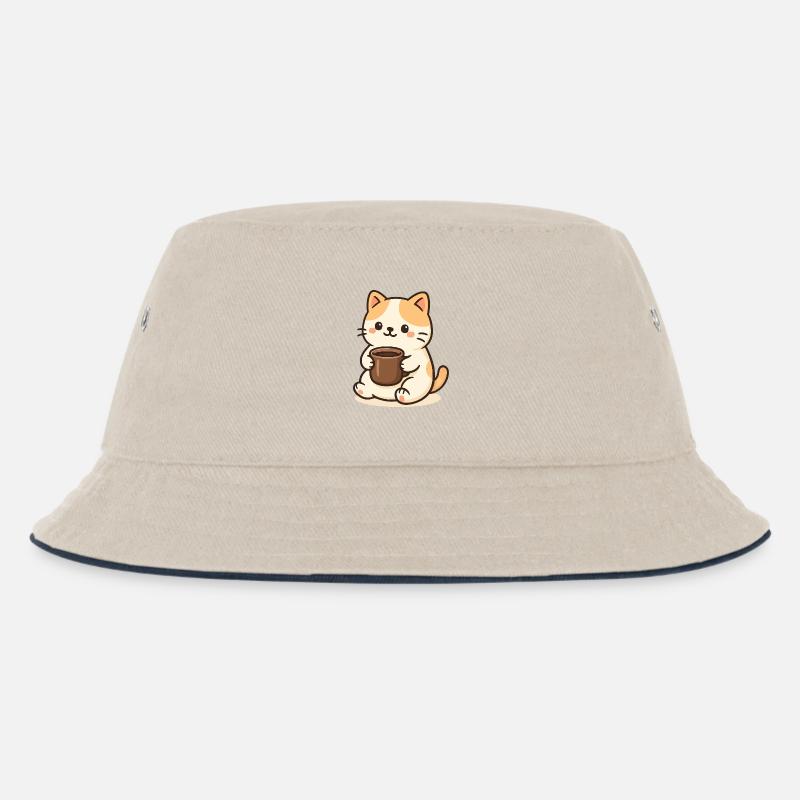 Cat with Cup - Kinder Bucket Hat - Natur/Navy