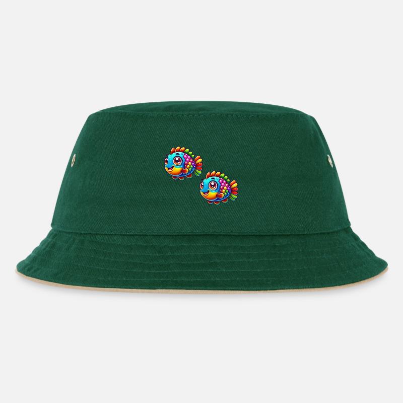 Fisch Comic - Kinder Bucket Hat - Dunkelgrün/Beige