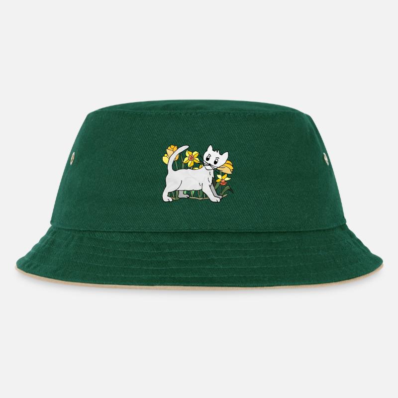 Katze - Kinder Bucket Hat - Dunkelgrün/Beige
