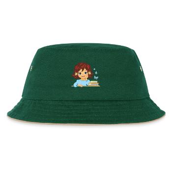 Süßes lächelndes kleines Mädchen mit Büchern - Kinder Bucket Hat - Dunkelgrün/Beige - Vorne