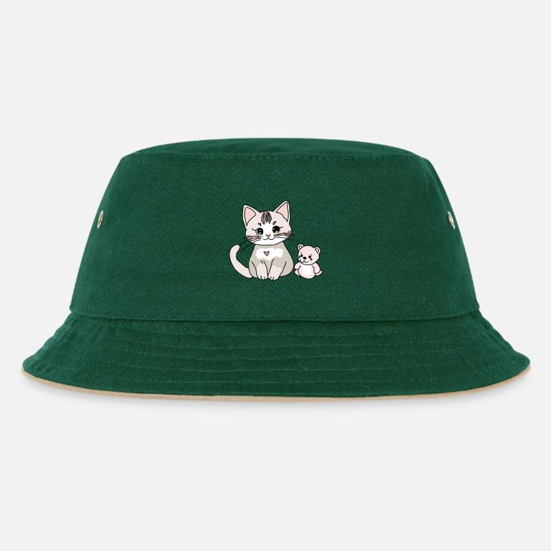 Süße Katze mit ihrem Teddy - Kinder Bucket Hat - Dunkelgrün/Beige