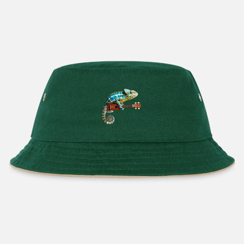 Chamäleon mit Ukulele - Kinder Bucket Hat - Dunkelgrün/Beige