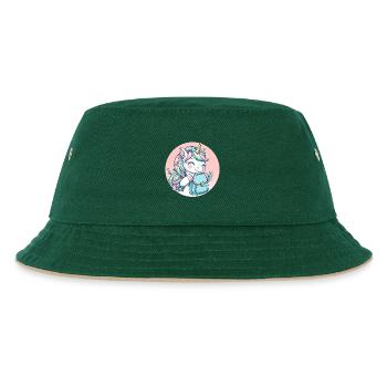 Einhorn Pastell Unicorn mit Schulranzen - Kinder Bucket Hat - Dunkelgrün/Beige - Vorne