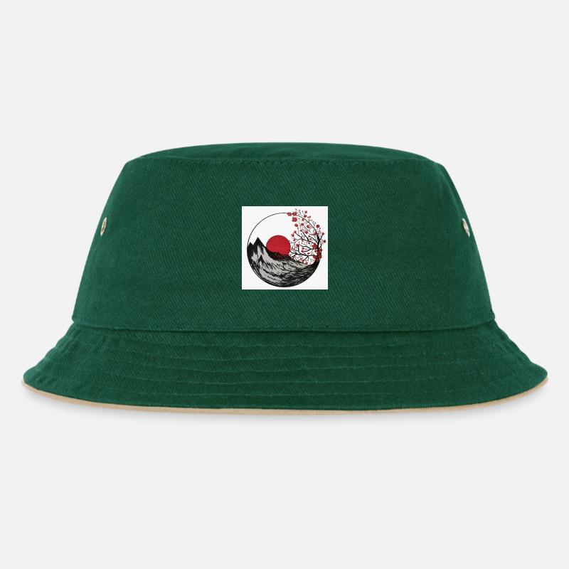 Fuji-Berg - Kinder Bucket Hat - Dunkelgrün/Beige
