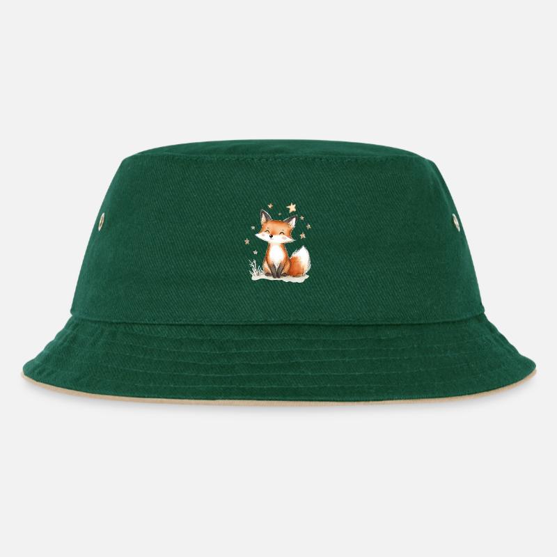 Fuchs und Sterne - Kinder Bucket Hat - Dunkelgrün/Beige