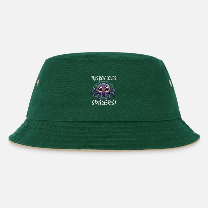 This Boy Loves Spiders - Kinder Bucket Hat - Dunkelgrün/Beige