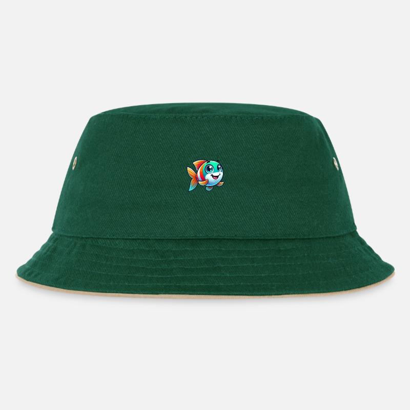 Fisch Comic - Kinder Bucket Hat - Dunkelgrün/Beige