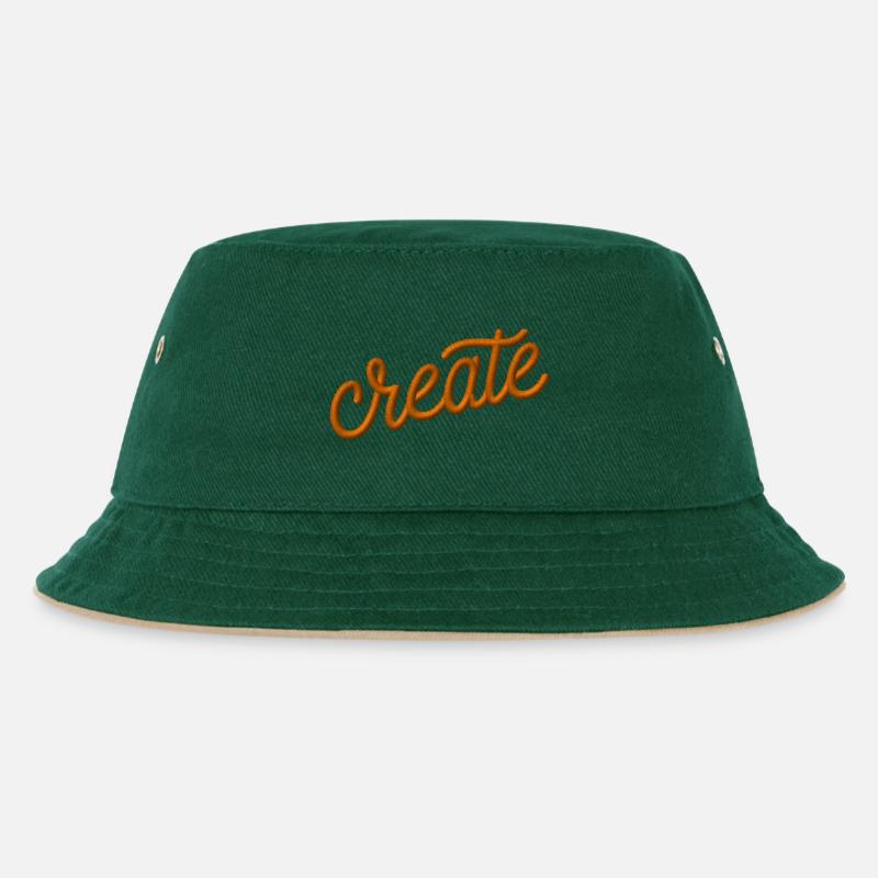Schriftzug create bestickt - Kinder Bucket Hat - Dunkelgrün/Beige