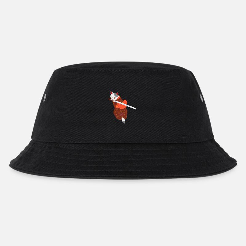 cat in kimono biting sword - Kids’ Bucket Hat - black