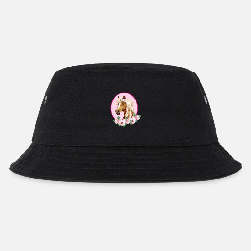Romantisches braunes Pferd - Blüten rosa - Kinder Bucket Hat - Schwarz