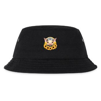Schwein mit Sonnenblumenkranz und Bandana, - Kinder Bucket Hat - Schwarz - Vorne