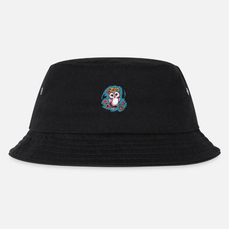 Niedliche Eule Vogel Federn Blumen für einen - Kinder Bucket Hat - Schwarz