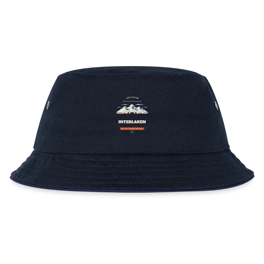 Interlaken badge on a kids’ bucket hat, navy/navy
