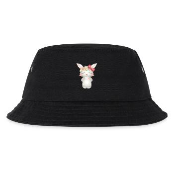 niedlicher weißer Hase mit Blumen und Schleife - Kinder Bucket Hat - Schwarz - Vorne