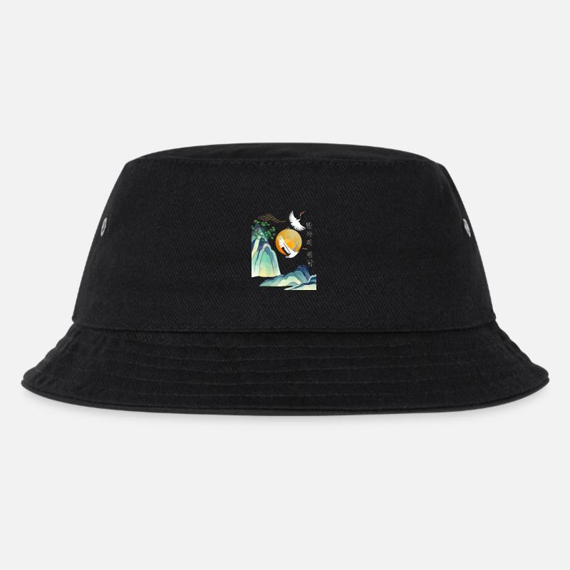 Korean Seollal Design – Cranes and Sun - Kinder Bucket Hat - Schwarz