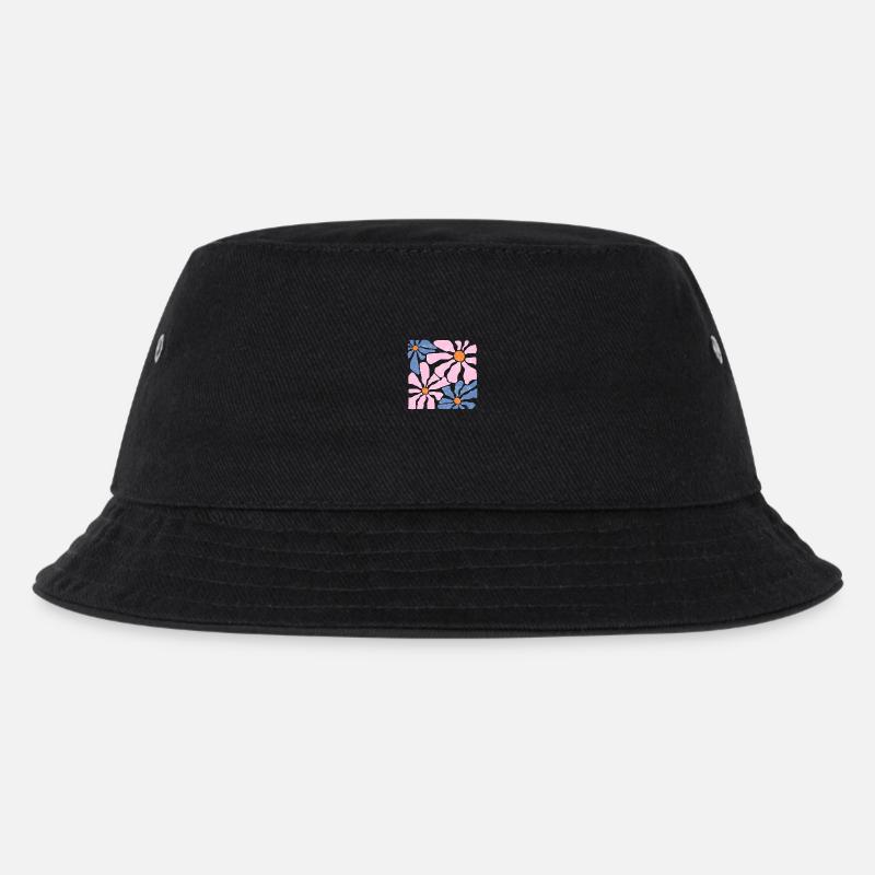 Groovy Retro Rosa und Blaue Blumen - Kinder Bucket Hat - Schwarz