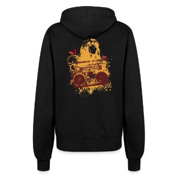 Frutiger Metro - Orange Boom Box - Female Portrait - Women’s Hooded Jacket - black - Back - Maraike (178cm)