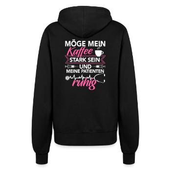 Krankenschwester Shirt · Pflege · Kaffee stark - Frauen Kapuzenjacke - Schwarz - Hinten - Maraike (178cm)