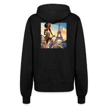 Schönes Mädchen auf dem Fahrrad, Eiffelturm - Frauen Kapuzenjacke - Schwarz - Hinten - Maraike (178cm)