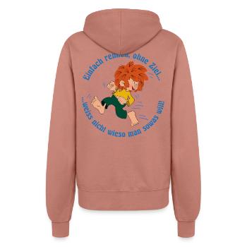 Pumuckl Mit Spruch Einfach Rennen, Ohne Ziel… - Frauen Kapuzenjacke - Altrosa - Hinten - Maraike (178cm)