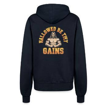 Geheiligt seien deine Gewinne - Funny Jesus Gym Meme - Frauen Kapuzenjacke - Navy - Hinten - Maraike (178cm)