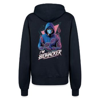 I❤️BioHCKR: Masked Biohacker Revolution - Women’s Hooded Jacket - french navy - Back - Maraike (178cm)