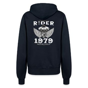 Cycliste depuis 1979 - 46 ans, né pour rouler, construit - Veste à capuche Femme - marine - Dos - Maraike (178cm)