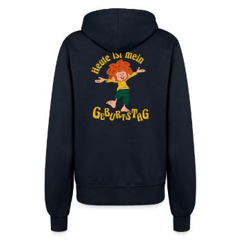 Pumuckl Mit Spruch Heute ist Mein Geburtstag - Frauen Kapuzenjacke - Navy - Hinten - Maraike (178cm)