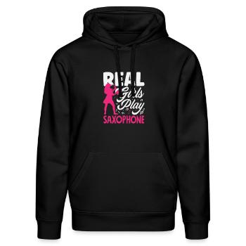 Mädchen Saxophon Saxophonist Solist Bandmitglied - Stanley/Stella Unisex Bio-Hoodie DRUMMER  - Schwarz - Vorne - Marisol (170cm) & Nik (191cm)