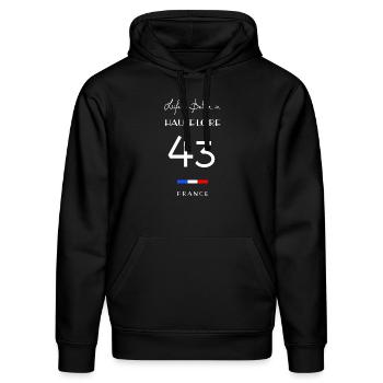 Life is better in HAUTE-LOIRE Number 43 Auvergne - Sweat à capuche bio DRUMMER Stanley/Stella Unisexe - noir - Devant - Marisol (170cm) & Nik (191cm)