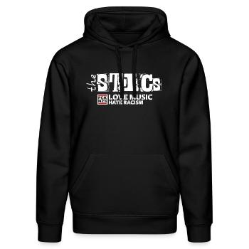theSTICs - Love Music - Hate Racism - Stanley/Stella Unisex Bio-Hoodie DRUMMER  - Schwarz - Vorne - Marisol (170cm) & Nik (191cm)