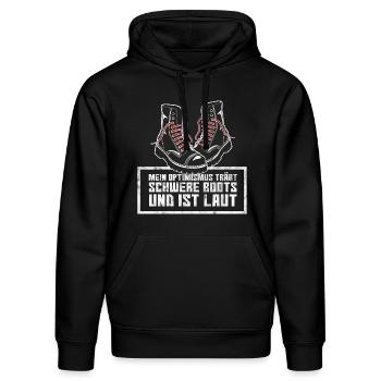 Mein Optimismus trägt schwere Boots und ist laut. - Stanley/Stella Unisex Bio-Hoodie DRUMMER  - Schwarz - Vorne - Marisol (170cm) & Nik (191cm)
