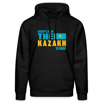Design du drapeau Keep Calm Kazakhstan - Sweat à capuche bio DRUMMER Stanley/Stella Unisexe - noir - Devant - Marisol (170cm) & Nik (191cm)