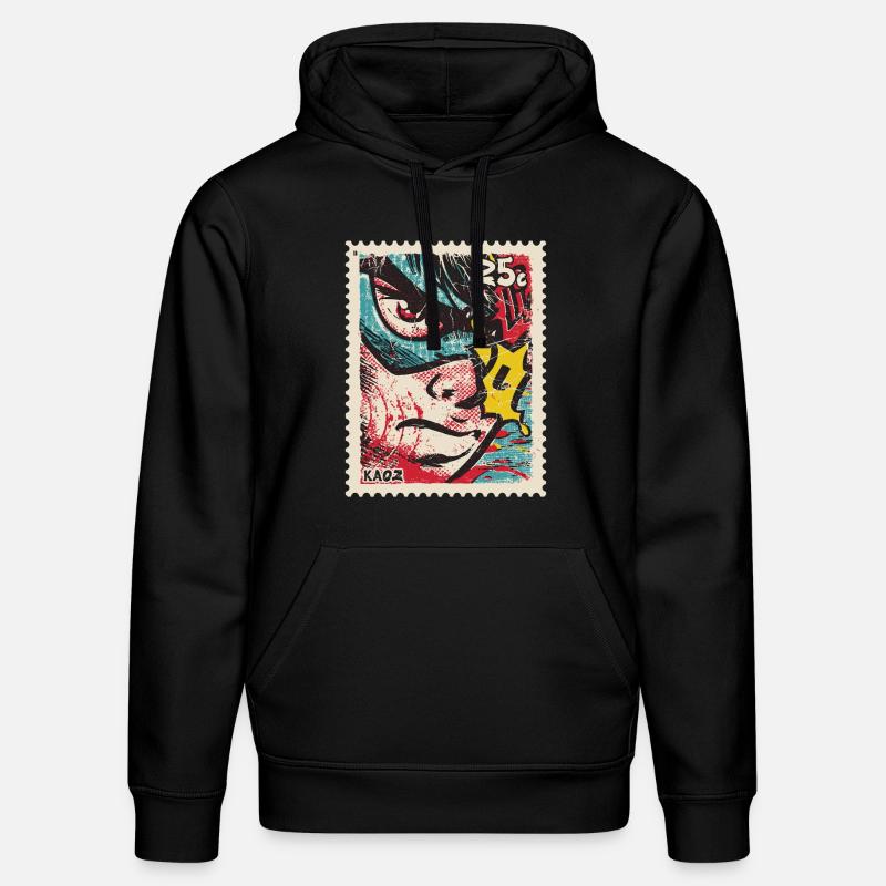 Comic-Held als Retro-Briefmarke - Stanley/Stella Unisex Bio-Hoodie DRUMMER  - Schwarz
