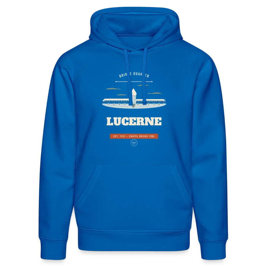 Lucerne badge on a stanley/stella drummer unisex organic hoodie, royal blue
