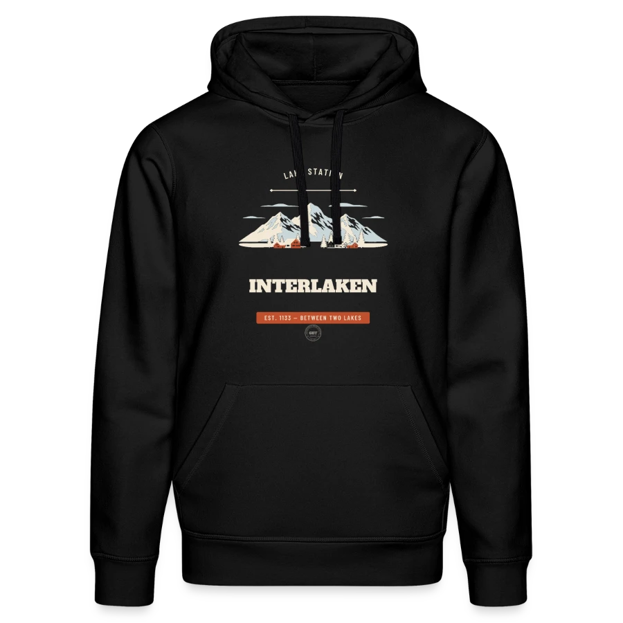 Interlaken badge on a stanley/stella drummer unisex organic hoodie, black