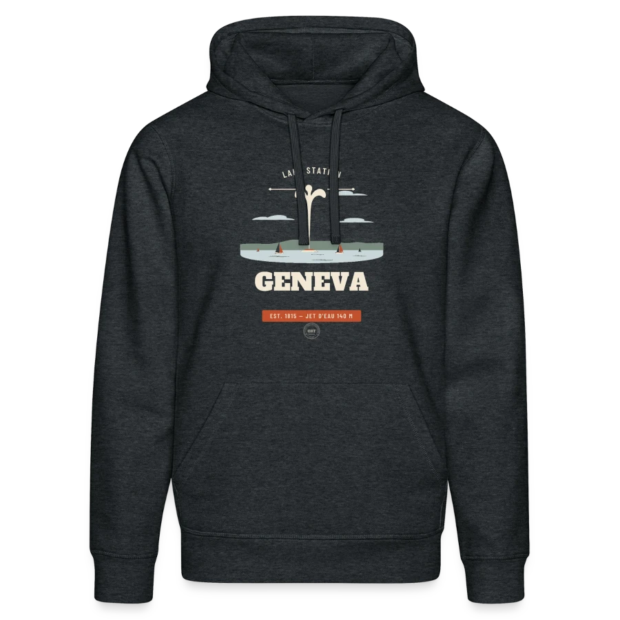 Geneva badge on a stanley/stella drummer unisex organic hoodie, dark heather grey