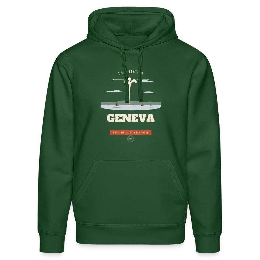 Geneva badge on a stanley/stella drummer unisex organic hoodie, bottle green
